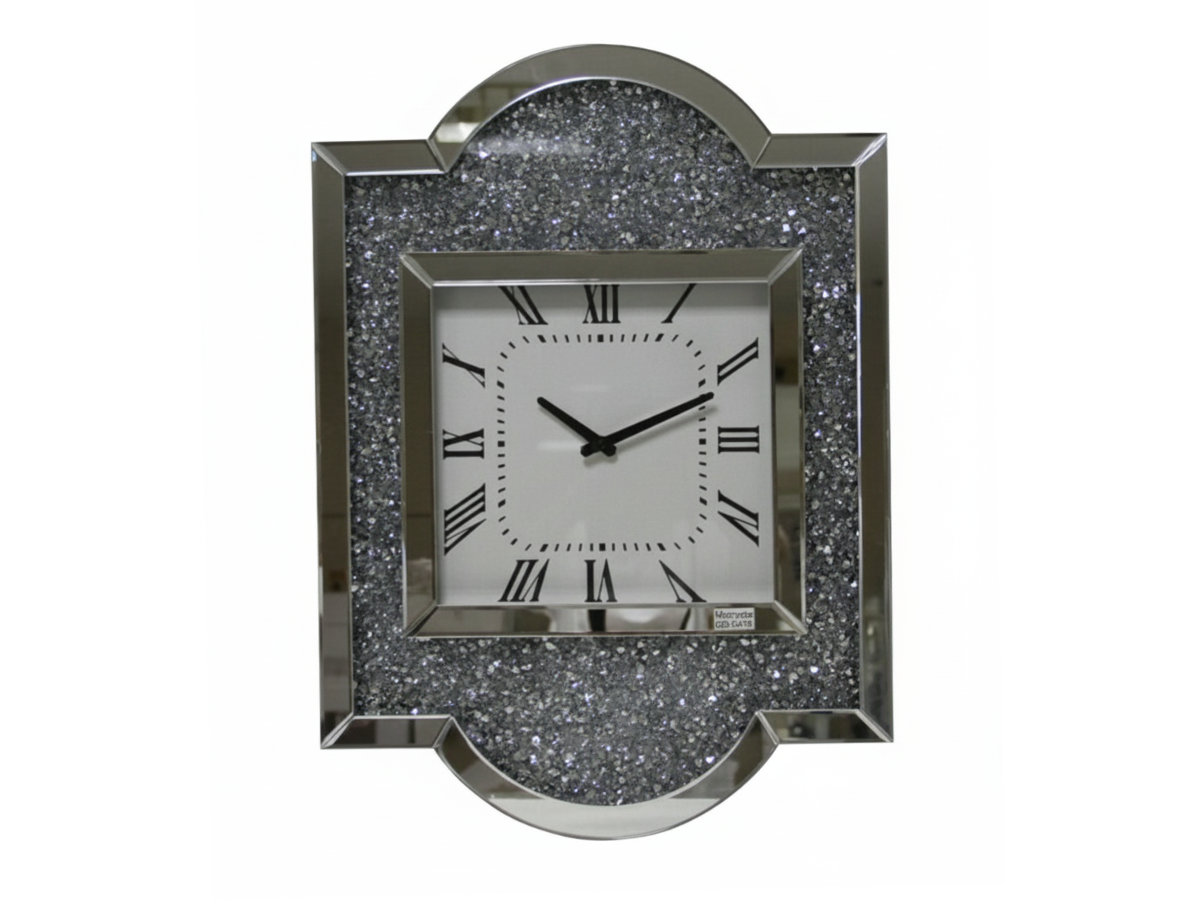 Kristall Wanduhr Silber Eckig 50 x 67,5cm mit Kristallsteinoptik